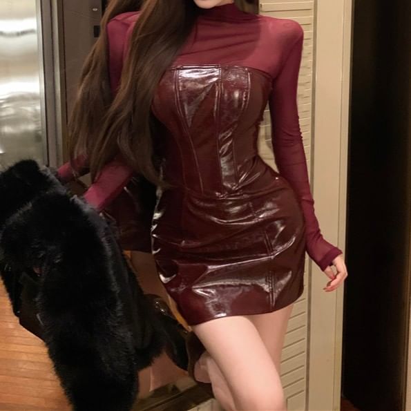Mesh Turtleneck Top with Strapless Faux Leather Mini Dress