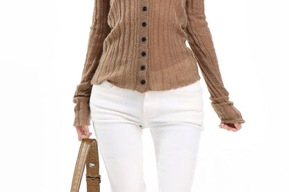 Collared Plain Ribbed Cardigan