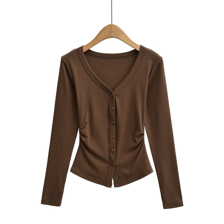 V-Neck Ruched Button-Up Plain Cardigan