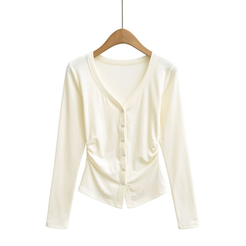 V-Neck Ruched Button-Up Plain Cardigan