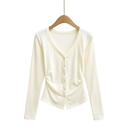 V-Neck Ruched Button-Up Plain Cardigan