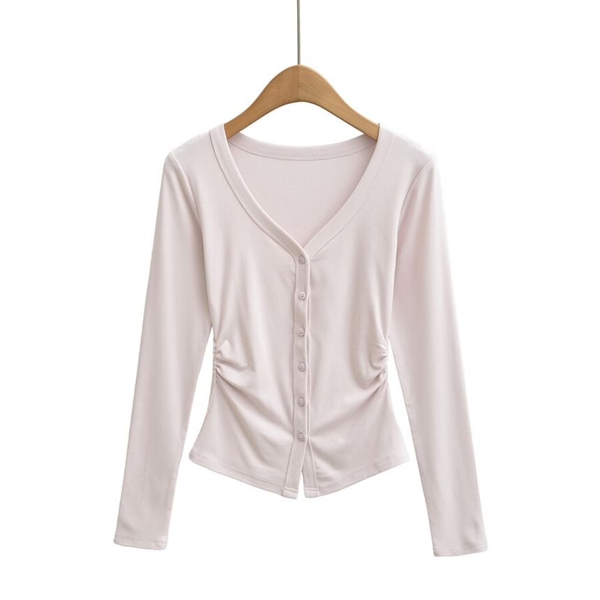 V-Neck Ruched Button-Up Plain Cardigan