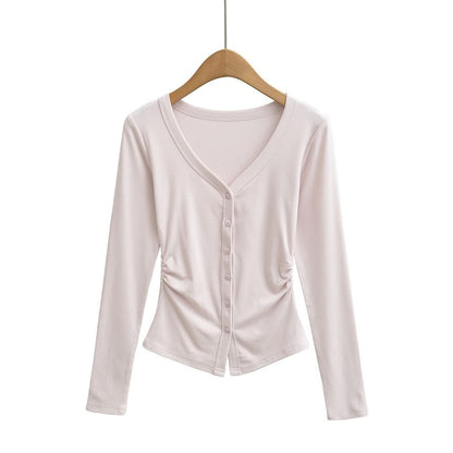 V-Neck Ruched Button-Up Plain Cardigan