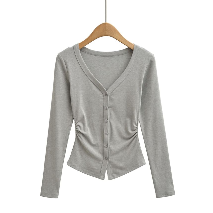 V-Neck Ruched Button-Up Plain Cardigan
