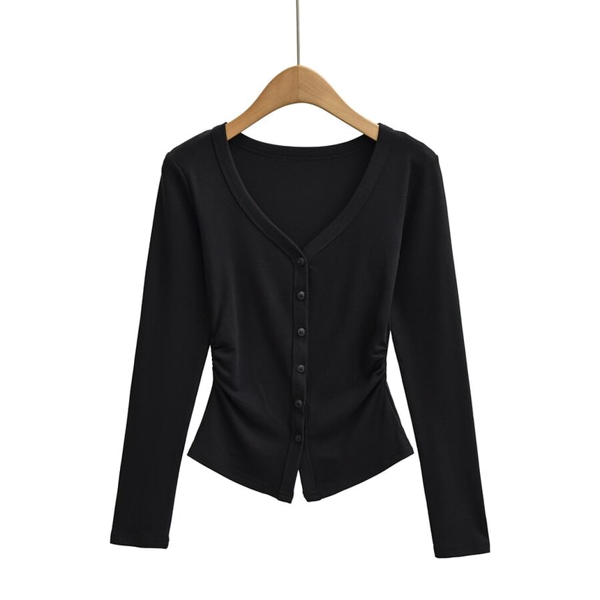 V-Neck Ruched Button-Up Plain Cardigan