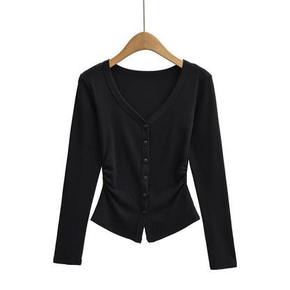 V-Neck Ruched Button-Up Plain Cardigan