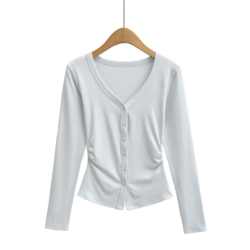 V-Neck Ruched Button-Up Plain Cardigan