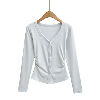 V-Neck Ruched Button-Up Plain Cardigan