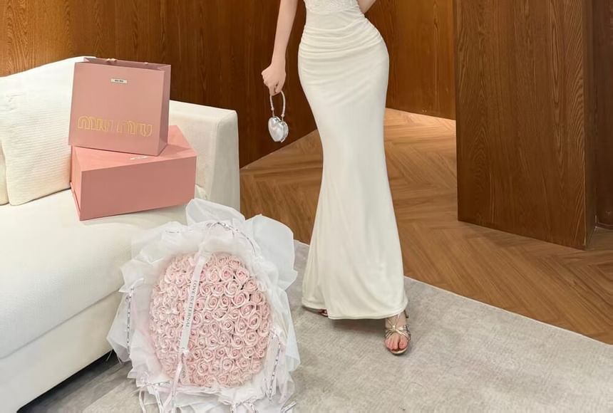 Spaghetti Strap Lace Panel Ruched Open Back Maxi Mermaid Dress