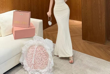 Spaghetti Strap Lace Panel Ruched Open Back Maxi Mermaid Dress