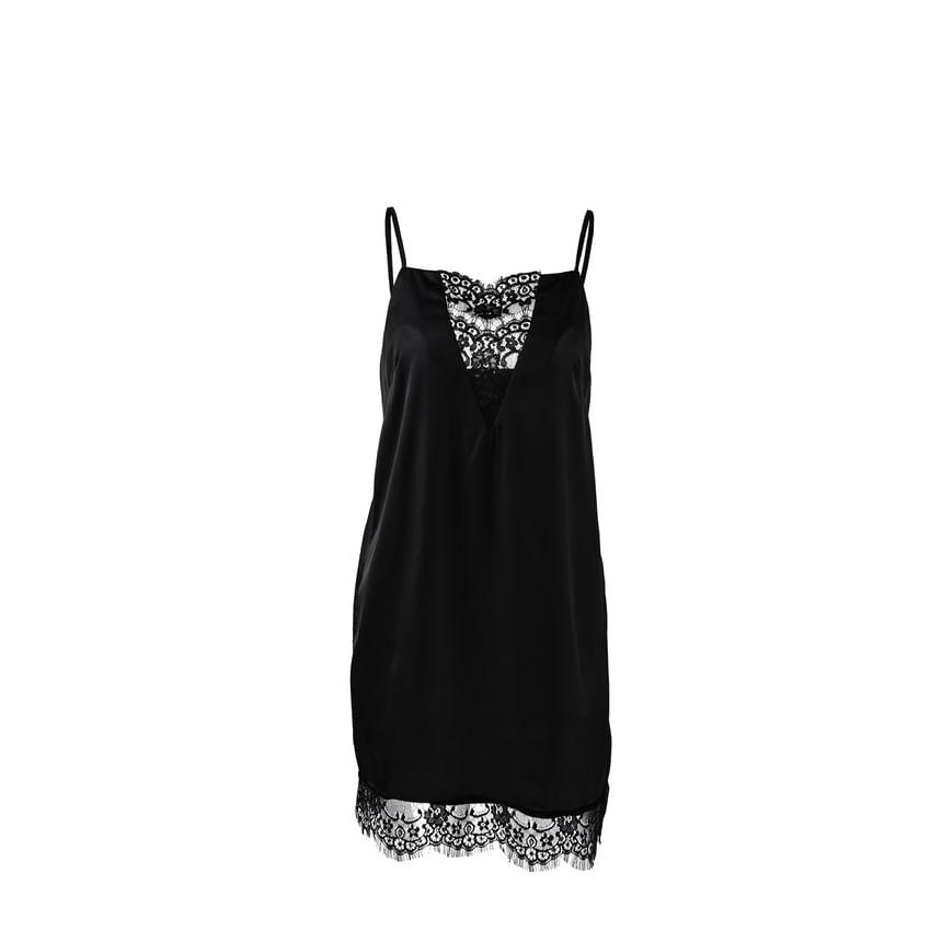 Spaghetti Strap Plain Lace Panel Satin Loose Fit Mini Dress