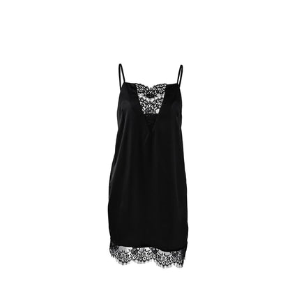 Spaghetti Strap Plain Lace Panel Satin Loose Fit Mini Dress
