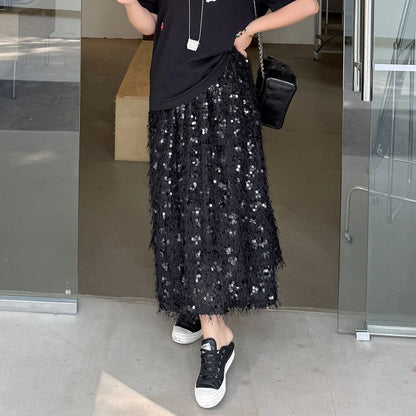 Black Sequin High Waist A-Line Midi Skirt - Altfashion Shop
