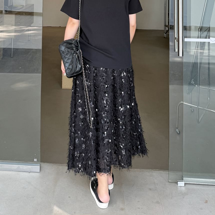 Black Sequin High Waist A-Line Midi Skirt - Altfashion Shop