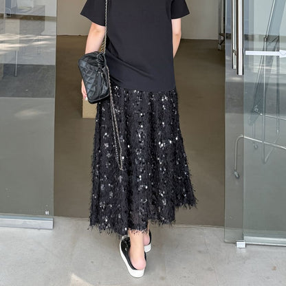 Black Sequin High Waist A-Line Midi Skirt - Altfashion Shop