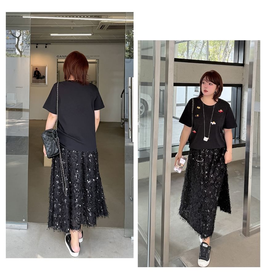 Black Sequin High Waist A-Line Midi Skirt - Altfashion Shop