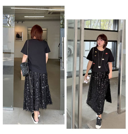 Black Sequin High Waist A-Line Midi Skirt - Altfashion Shop