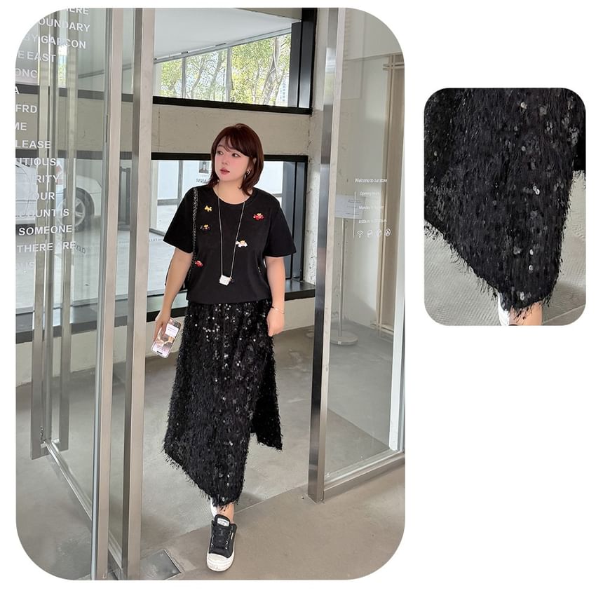 Black Sequin High Waist A-Line Midi Skirt - Altfashion Shop