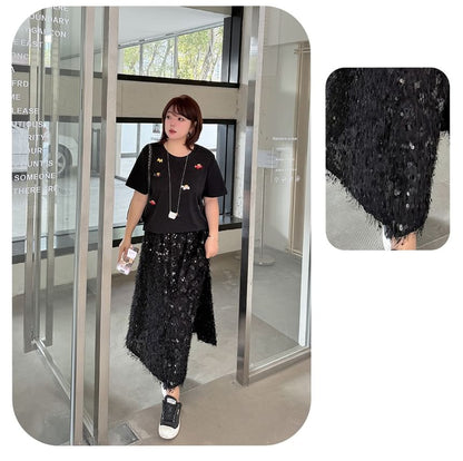 Black Sequin High Waist A-Line Midi Skirt - Altfashion Shop