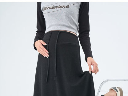 Black Maternity Maxi Skirt with Drawstring Waist - Altfashion Shop