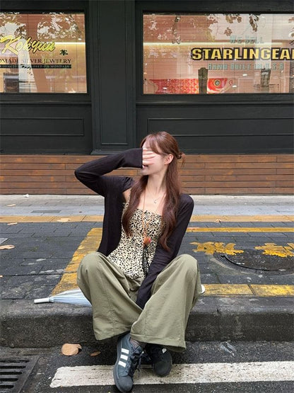 Leopard Print Peplum Camisole Top / Plain Cardigan / High Waist Plain Baggy Pants