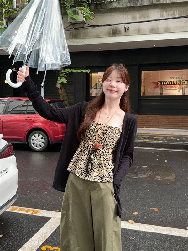 Leopard Print Peplum Camisole Top / Plain Cardigan / High Waist Plain Baggy Pants