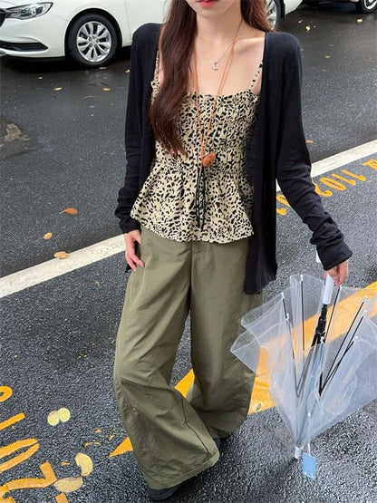 Leopard Print Peplum Camisole Top / Plain Cardigan / High Waist Plain Baggy Pants