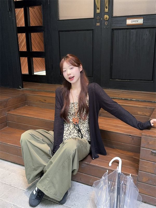 Leopard Print Peplum Camisole Top / Plain Cardigan / High Waist Plain Baggy Pants