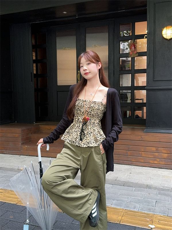 Leopard Print Peplum Camisole Top / Plain Cardigan / High Waist Plain Baggy Pants