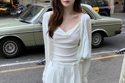 Set: Cowl Neck Plain Crop Camisole Top + Cardigan