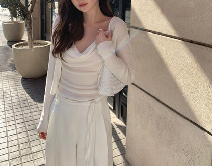 Set: Cowl Neck Plain Crop Camisole Top + Cardigan