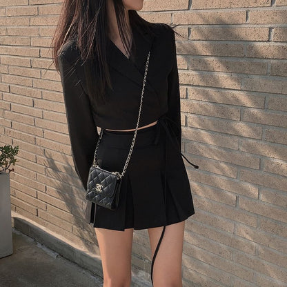 Black Crop Blazer with Notched Lapel and High-Waist Pleated Mini Skirt - Altfashion Shop