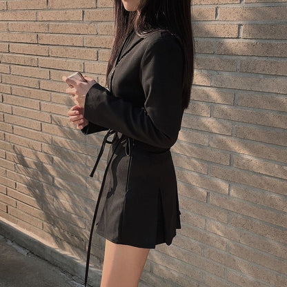 Black Crop Blazer with Notched Lapel and High-Waist Pleated Mini Skirt - Altfashion Shop