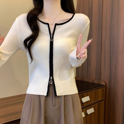 Crew Neck Contrast Trim Zip-Up Crop Cardigan
