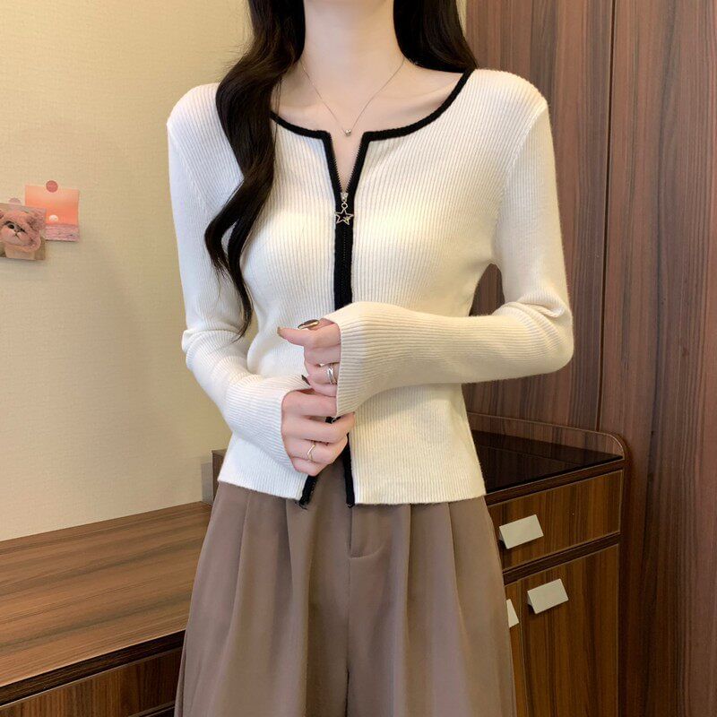 Crew Neck Contrast Trim Zip-Up Crop Cardigan