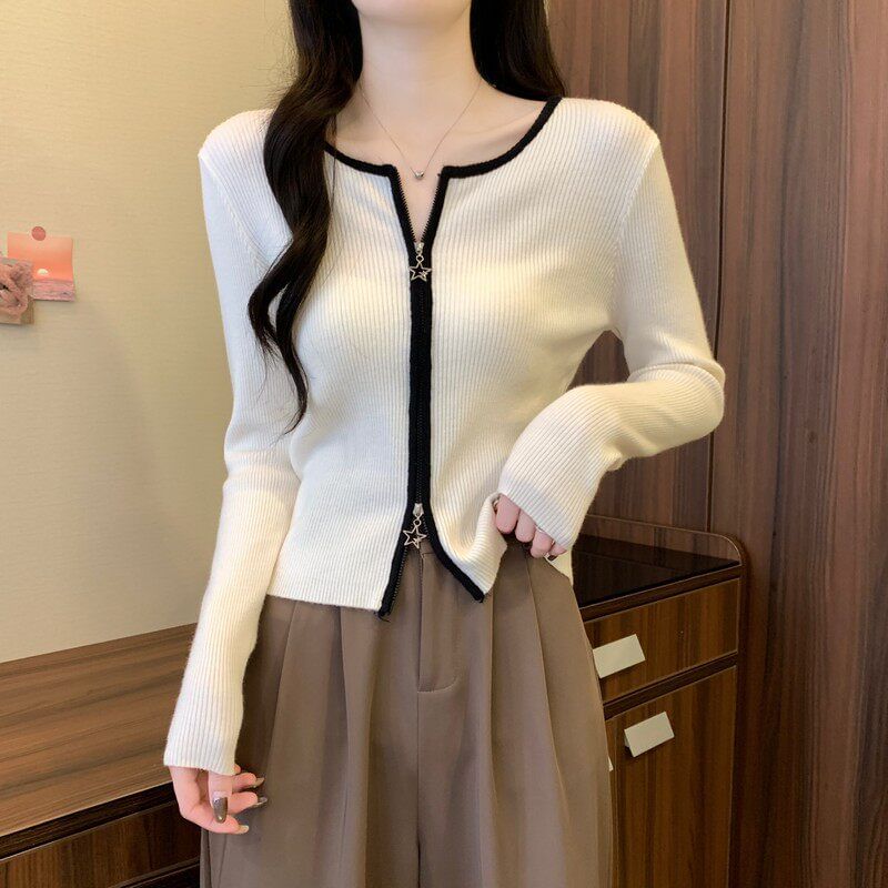 Crew Neck Contrast Trim Zip-Up Crop Cardigan