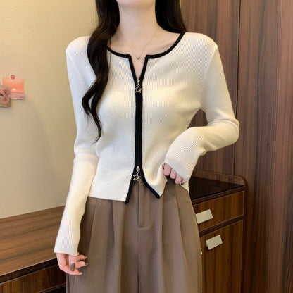 Crew Neck Contrast Trim Zip-Up Crop Cardigan