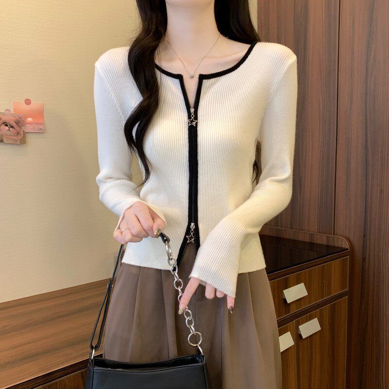 Crew Neck Contrast Trim Zip-Up Crop Cardigan