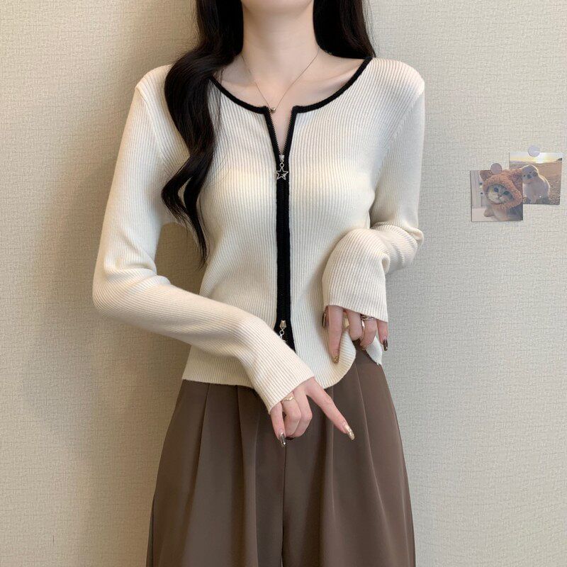 Crew Neck Contrast Trim Zip-Up Crop Cardigan