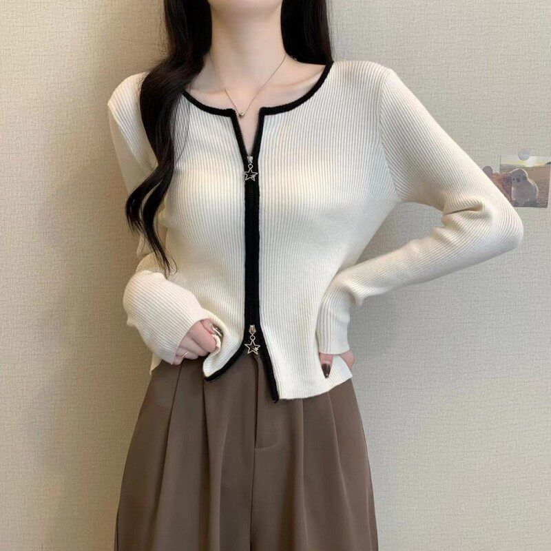 Crew Neck Contrast Trim Zip-Up Crop Cardigan