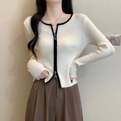 Crew Neck Contrast Trim Zip-Up Crop Cardigan