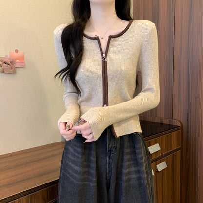 Crew Neck Contrast Trim Zip-Up Crop Cardigan