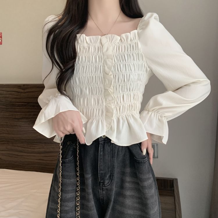 Smocked Frill Square Neck Crop Blouse