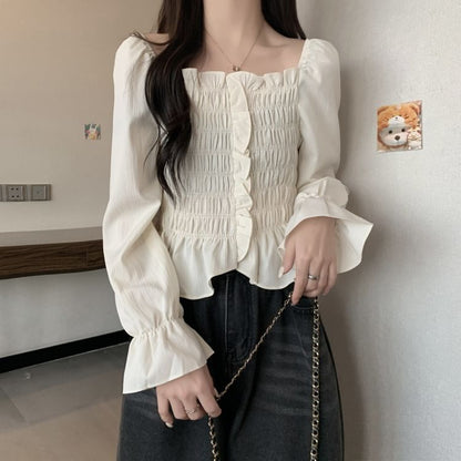 Smocked Frill Square Neck Crop Blouse