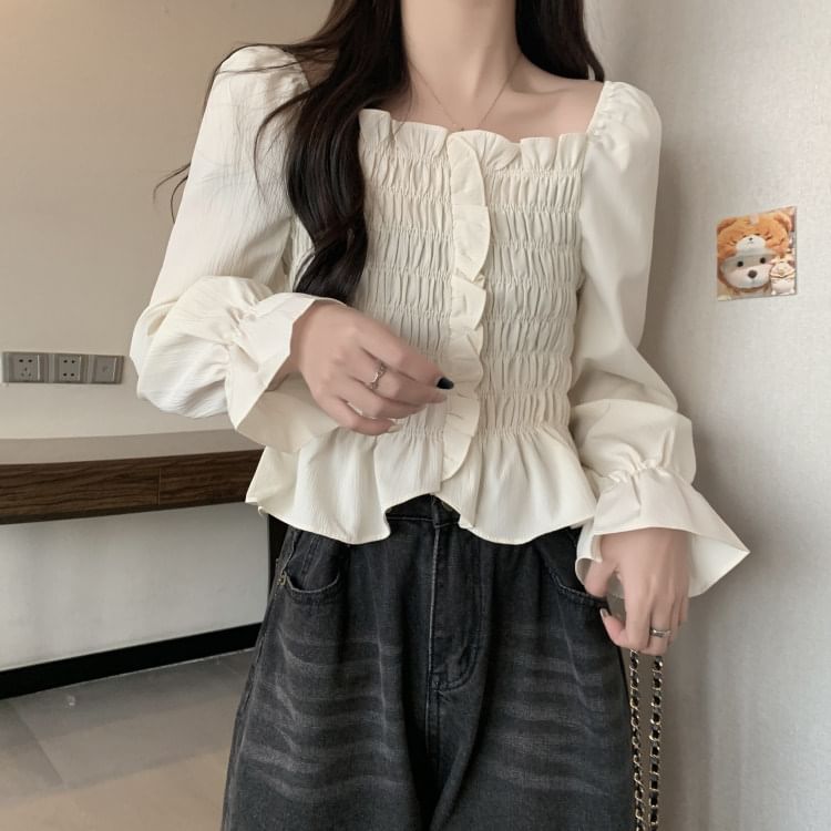 Smocked Frill Square Neck Crop Blouse