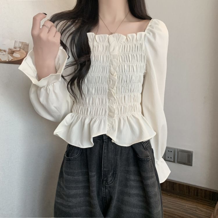 Smocked Frill Square Neck Crop Blouse