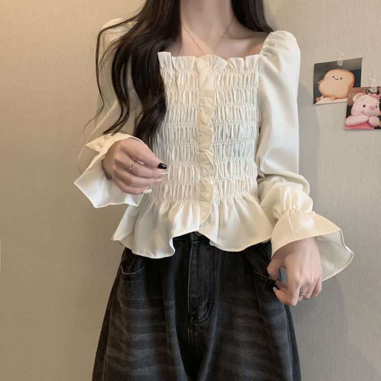 Smocked Frill Square Neck Crop Blouse