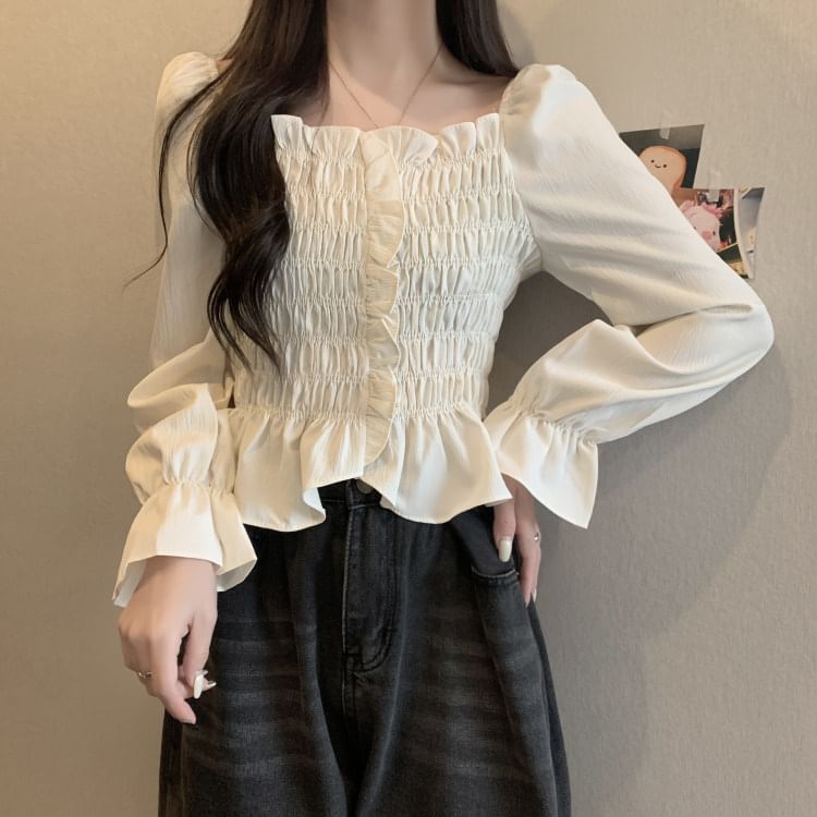 Smocked Frill Square Neck Crop Blouse