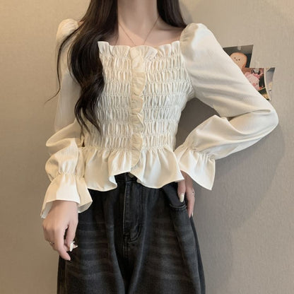Smocked Frill Square Neck Crop Blouse