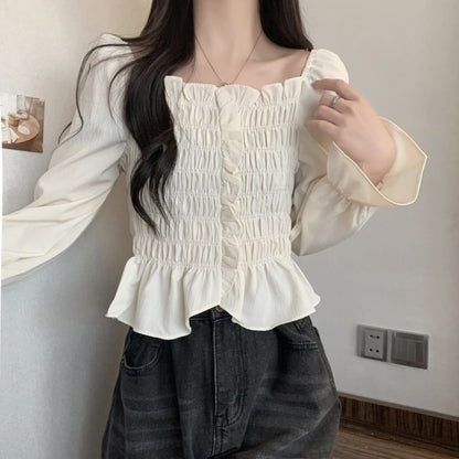 Smocked Frill Square Neck Crop Blouse